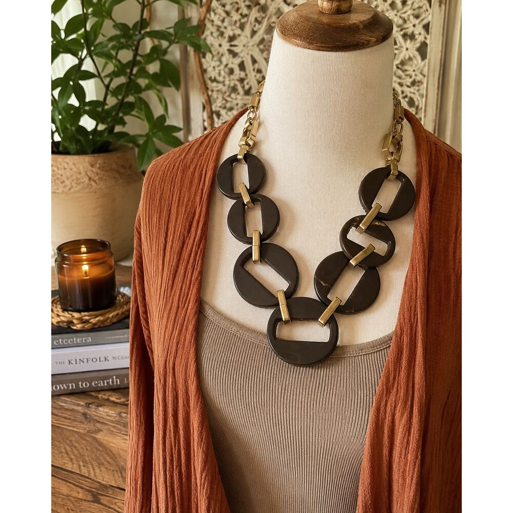 Plunder Boho Geometric Statement Necklace Brown Resin Gold Tone Boutique Jewelry